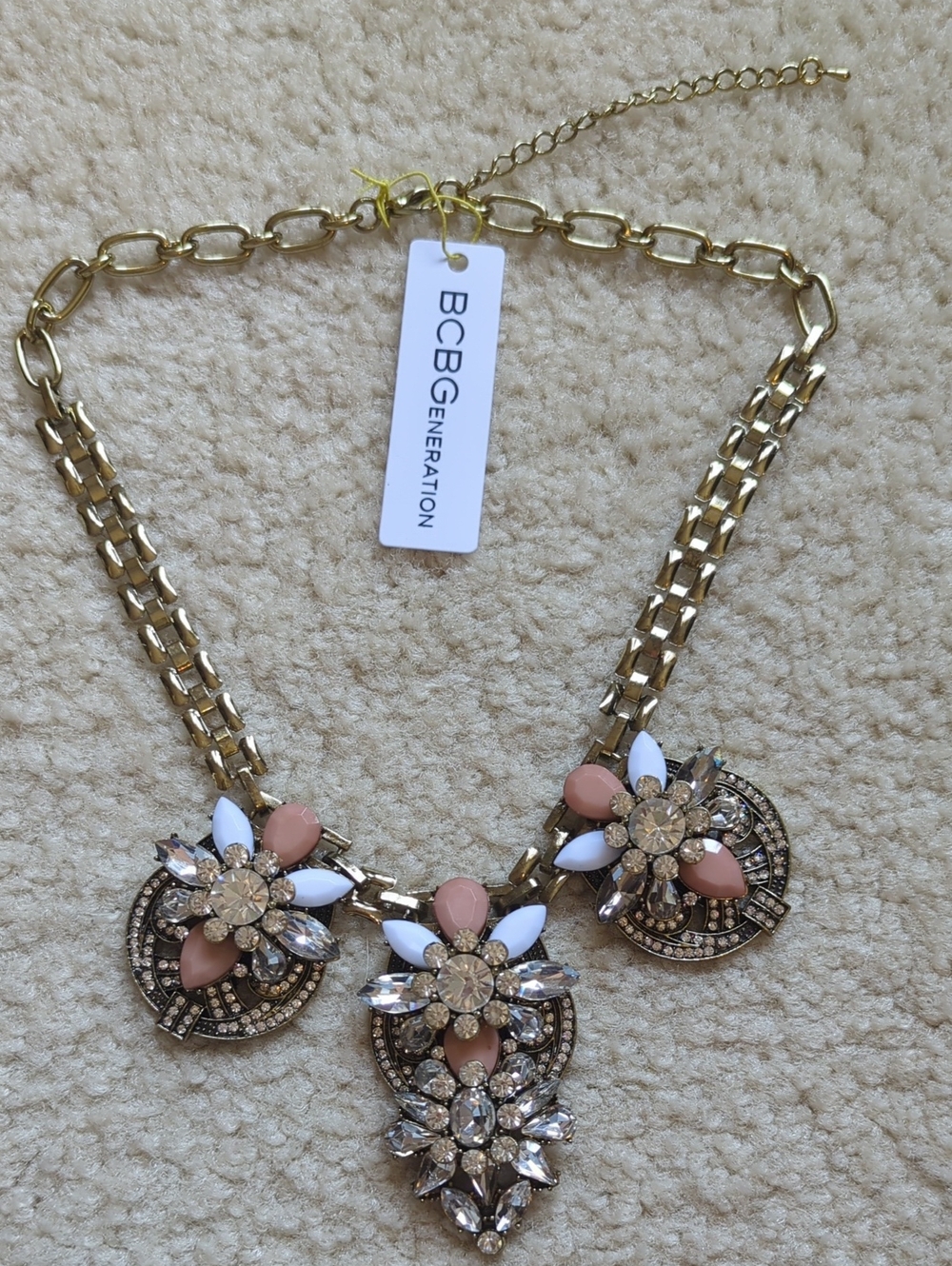 BCBGeneration Gold Necklace with Blush Pink and White Floral Stones